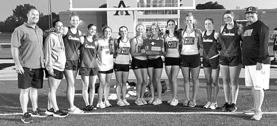 CASHION TRACK AND FIELD members who helped win the girls regional championship Monday include, from left: assistant coach Shane McCabe, assistant coach Andrea Taylor, Aven Meuten, Addison McCracken, Madison Westerhoff, Chevy Eubanks, Abby Hobgood, Reese W Cashion girls claim Class 2A regional track championship