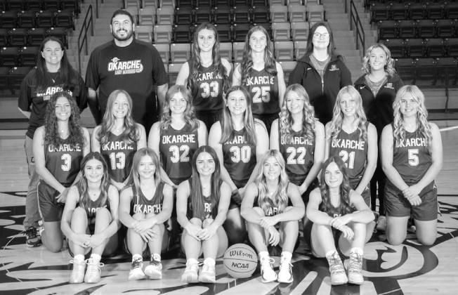 LADY WARRIORS – Members of the 2024-25 Okarche High School girls basketball team include, from left: front row, Kennedy Blackwood, Emory West, Kate Baustert, Scout Payne, Katy Creswell; middle row, Harper White, Katie Parham, Logan White, Abbie Endres, 