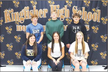 HOMECOMING ROYALTY – The 2023 Kingfisher High School football captain and homecoming queen will be announced prior to this week’s game. KHS homecoming queen candidates are, seated from left: Jennifer Garcia, Jaelin Cortes and Addy Matthews. Candidates KINGFISHER HOMECOMING