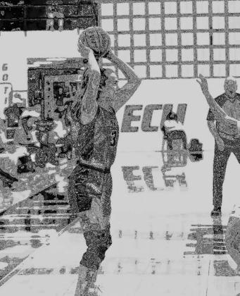 PAIGE WHEELER (above) shoots over a Latta defender on Monday. The senior scored 5 points while Reagan Snowden (left) poured in 14 points to go with 11 rebounds as the Lady Raiders defeated Latta 48-41. [Photos by Chris Simon/www.simon- sports-photos.smugm