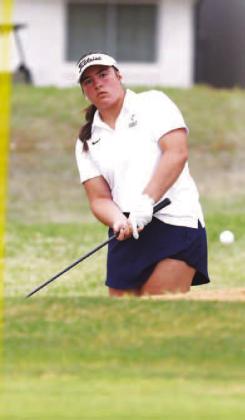 KINGFISHER got an 89 from both Layla Kroener, left, and Addison Johnson, right, in Wednesday’s home golf tournament. Both are pictured watching chip shots on the par-5 10th hole during the tournament. [KT&amp;FP Staff Photos]