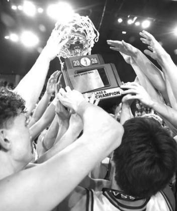 HISTORY WAS MADE the first Saturday in March when, from left, the Lomega girls, Dover boys and Okarche boys hoisted the gold ball. It’s the first time three teams from Kingfisher County have won state championships in the same year. [KT&amp;FP Staff Pho