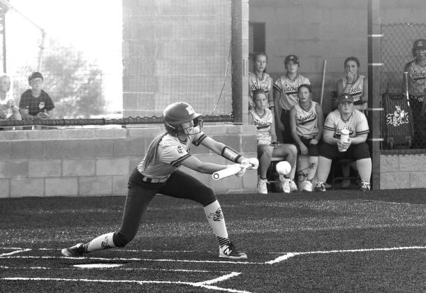 KINGFISHER’S Jancee Matthews prepares to bunt during Thursday’s game with Mount St. Mary. Matthews reached base on the play and eventually scored. The sophomore also had a putout on a center field throw to home base as KHS won 9-1. [KT&FP Staff Ph KHS rockets past visiting MSM