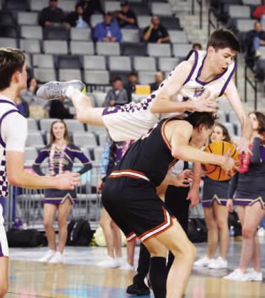 FIRST WEEKEND AT STATE: (Clockwise from top left) Members of the Lomega girls team turn their attention upward during the National Anthem; Okarche coach Brett Tahah congratulates Logan White as she comes off the court toward the end of their game; Okarche