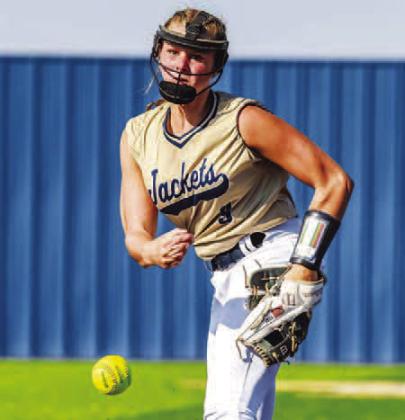 KHS FRESHMEN Kinley Taylor (far left and top center) and Kinlee East (far right and bottom center) not only played two sports in the fall, but excelled. East played softball and was a member of the cheerleading team that won state. Taylor also played soft Two-Sport Standouts