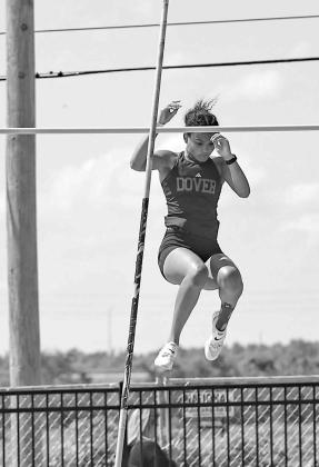 KYLEE BELL clears the bar in the pole vault at last weekend’s Class A state meet at Western Heights. The Dover junior won the state title by 2 feet. [Photo by Chris Simon/www.simon-sports-photos.smugmug. com]