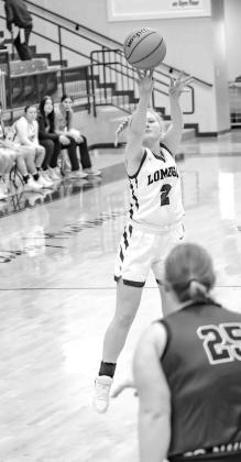 LOMEGA JUNIOR Abby Swart launches a 3-pointer during her team’s 78-22 victory over Burlington in Friday’s semifinals of the Cherokee Strip Conference Tournament. Swart was named MVP after hitting a combined 10 3-pointers in the final two days of the t DOWNTOWN ABBY