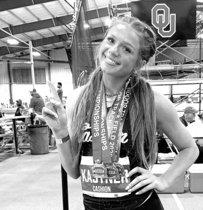 CASHION’S KHLOE Kastner shows off the three gold medals she won at the OCCTCA indoor finals in Norman last weekend. [Photo provided]