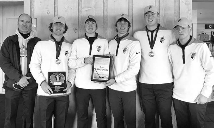 KINGFISHER was the top overall team and Tristun Burnham the “MVP” individual golfer at last week’s Turkey Creek Tournament in Hennessey. Pictured are, from left, coach Chris Combs, Burnham, Cash Slezickey, Paytun Burnham, Jax Sternberger and Myles H KHS, Cashion grab Turkey Creek titles