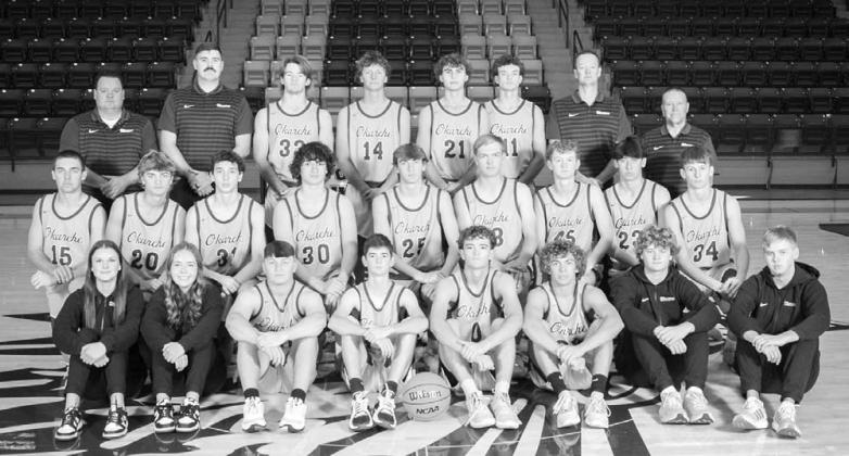 OKARCHE WARRIORS – Members of the 2024-25 Okarche High School boys basketball team include, from left: front row, Belle Beam, Hannah Carnott, Court Sumrall, Ethan Kirby, Colin Hendrickson, Asher Schieber and Parker Schieber; middle row, Brett Carnott, A