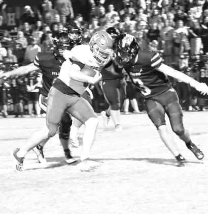 HENNESSEY’S Levi Ferrell, pictured in a Week 6 game against Meeker, had 140 rushing yards and three touchdowns in Thursday’s home win against Kellyville. [Photo by Marissa Stribel]