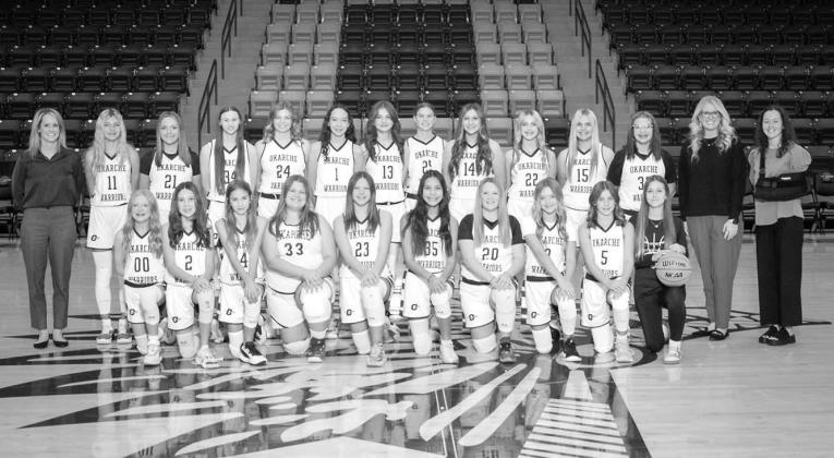 LADY WARRIORS – Members of the 2023-24 Okarche junior high girls basketball team are, from left: front row, Emma Alig, Blakeley Stephens, Lizzy Schwarz, Evie Schroeder, Blake Endres, Khylie Autaubo, Kenzie Harper, Emory West, Reese Robinson, Holland Car OKARCHE JUNIOR HIGH