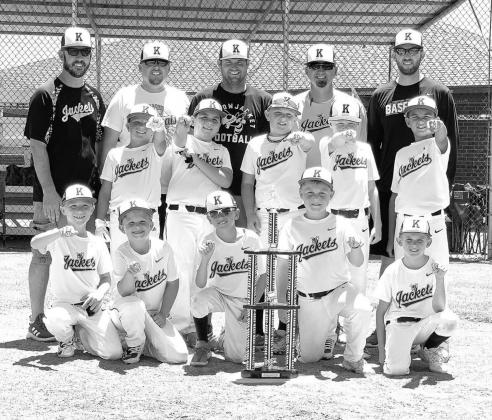 REGIONAL CHAMPS – The Kingfisher Jackets recently won the OK Kids coach pitch regional tournament hosted at Briscoe Park. The win advanced the team to this week’s state tournament. Team members are, from left: front row, Hunter Voth, Hudson Deterding, HEADED TO STATE