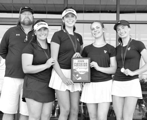 KHS GIRLS golfers won their first tournament of the season. Pictured with coach Brian Archer (far left) are, from left, Addison Johnson, Layla Kroener, Callie Blair and Ryan Scammahorn. [Photo provided]