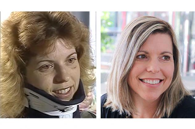 Terri (Yost) Talley — Pictured 25 years ago, left, in a TV interview while recovering at her parents' house from injuries she sustained int he April 19, 1995 blast; and today. Talley is a mortgage liaison for Allegiance Credit Union (formerly Federal Employees Credit Union.) Article Image Alt Text