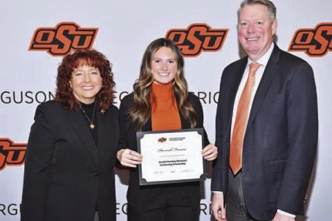OSU SCHOLARSHIPS – Cade Cooper (left photo) and Hannah Franics (right photo) are two recipients of scholarships at the recent Ferguson Scholarship and Awards Banquet at OSU. They are pictured with Dr. Cynda Clary (left in each photo), associate dean of 