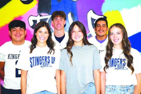 HOMECOMING COURT – Kingfi sher High School will crown its 2024 homecoming captain and queen next week. Queen candidates pictured on the front row are, from left, Mia Hartman, Talor Mecklenburg and Kamryn Purintun. Captain candidates on the back row are senior football players, from left, Jairo Velarde, Paytun Burnham and Jose Santoyo. [Photo by KHS Photography]