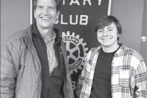 KINGFISHER ROTARIAN Brian Walter, left, welcomes KHS senior Conner Askey to a recent meeting. [KT&amp;FP Staff Photo]