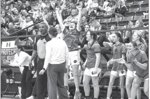 CASHION GIRLS coach Andrea Taylor speaks with an official as team members celebrate a big play during a home win over Seiling on Tuesday. [Photo by Rylee Broadbent]