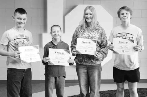 TOP RAIDERS – Lomega Schools Students of the Month for January 2026 were (left side) Lathyn Grabow and Kaycee Yost for the junior high and (right side) Addi Freelander and Noah Lentz for the high school. [Photo provided]