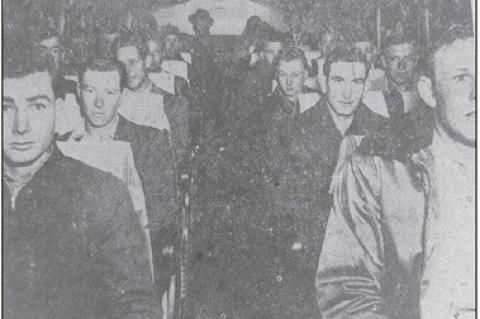 Thirty men from this county received draft physical examinations on Tuesday. Some of them are pictured above on a bus bound for Oklahoma City. This was the largest number to be sent for pre-induction examinations at one time, from this county, since World