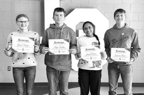 LOMEGA HIGH SCHOOL AND JUNIOR HIGH announced its November 2025 Students of the Month at a Raider Roundup earlier this month. Junior high students earning the honor (left side) were Gracie Sawyer and Ledger Lewallen. Jenny Penaran and Cameron Ramer (right)