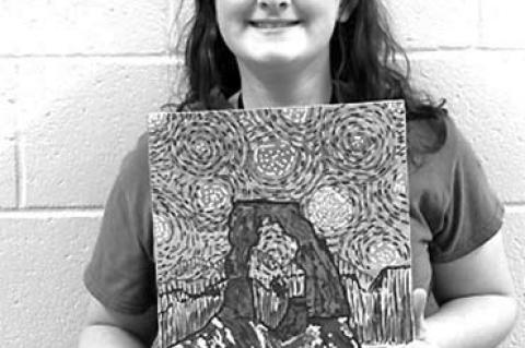 OKARCHE SIXTH graders Makenley Taylor, left, and Alivia Hoke show off the art work they’ve created that will be on display Monday at the third annual Okarche Art Auction Gallery. [Photos provided]