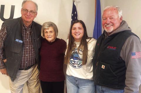 KINGFISHER ACTION Team board members were guests of the Kingfisher Lions Club last Thursday. They include, from left, Tim McAnally, Dana Terrell and Maitland Woody. They are joined by Jimmy Berkenbile of Hennessey (far right) who founded a similar endeavo