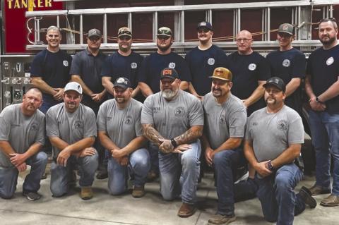 OKARCHE Fire Department, from left, front row: JD Mueggenborg, Kyle Stroh, Zac Stroh, Cody White, Patrick Stangl, Nick Schroeder. Back row: Steve Liebl (Chief), Chan Highfill, Ty Stover, Lathen Stover, Brayden Stover, Dave Mayhew, Chase Hufnagel, Will Kra