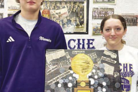 THE 24K MOMENT – This painting was submitted into an OSSAA art contest by Okarche junior Austin Pinkerton, who got collaboration from his younger sister Maelynn. It was picked as a finalist and will be on display during the state basketball tournaments 