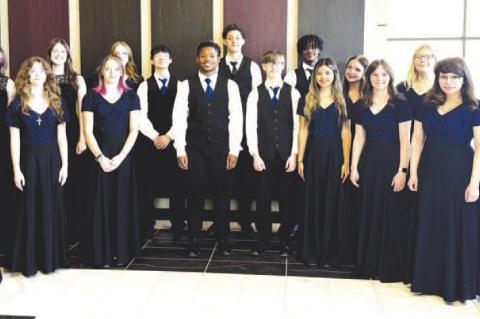 KHS CHOIR members who earned the Outstanding Achievement Award at the OSSAA district contest include, from left: front row, Serenity Lack, Haylee Crum, Abigail Smith, Shilo Willingham, TJ Washington, Jackson Garrett, Gisselle Ponce, Indy Barker, Amya Reye