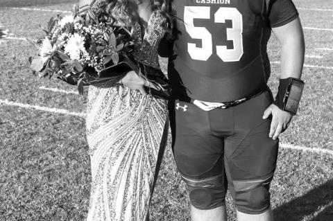 CASHION ROYALTY - Cashion senior Adilee Jerry was crowned homecoming queen and Matthew Stockton the king last Friday prior to their team’s 35-12 win over Merritt. Stockton had two tackles in the game while Jerry kicked fi ve extra-points for the Wildcats. [Photo by Brad Stone/www.bestone.shootproof.com]