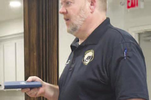 KINGFISHER COUNTY Emergency Management Director Ryan Deatherage, pictured speaking to the Kingfisher Lions Club last year, was recently nominated for a spot on the Oklahoma State Board of Education by Gov. Kevin Stitt. [KT&amp;FP Staff Photo]