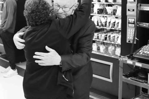 KHS TEACHER Dr. A.J. Johnson is congratulated by former colleague Elise Morrow after Johnson was presented with the Lifetime Achievement Award by the Kingfisher Chamber of Commerce. [KT&amp;FP Staff Photo]