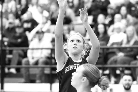 ABBIE MYERS shoots over a Keys defender in Tuesday’s semifinal win. Myers scored 21 points as the Lady Jackets advanced to the championship. [Photo by Russell Stitt/www. stitt.smugmug.com]