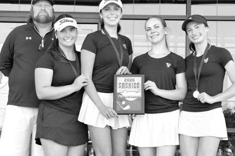 KHS GIRLS golfers won their first tournament of the season. Pictured with coach Brian Archer (far left) are, from left, Addison Johnson, Layla Kroener, Callie Blair and Ryan Scammahorn. [Photo provided]