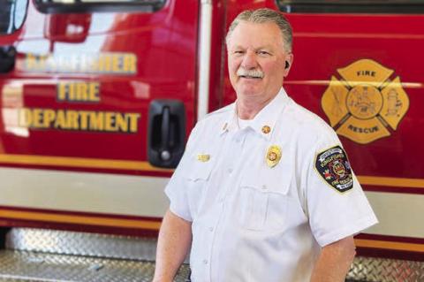 DOWN THE STRETCH – Kingfisher Fire Chief Tony Stewart has spent his entire 40-year career serving the citizens of the City of Kingfi sher and Kingfi sher County. At the end of March, Stewart will retire, handing over the reins to the new Chief Ryan Gibson. [KT&FP Staff Photo by Twila Adams]
