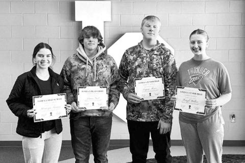 Lomega has announced its Students of the Month for December 2024. They were announced during a recent Raider Roundup. High school Students of the Month (left side) were Kamryn Turner and Lance Yost. Those chosen as junior high Students of the Month (right