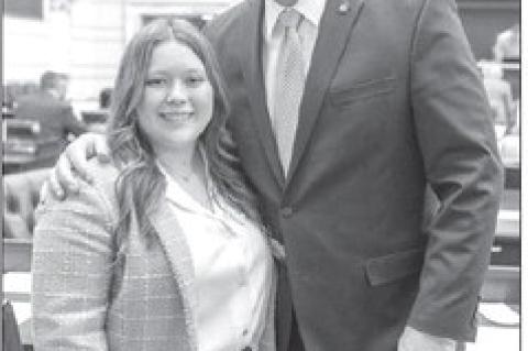 WRIGHT STUFF – Senator Darcy Jech, R-Kingfisher, joins Lomega High School senior Saidee Wright, who served as a page for the Senate during the sixth week of the legislative session from March 9-12. [Photo provided]