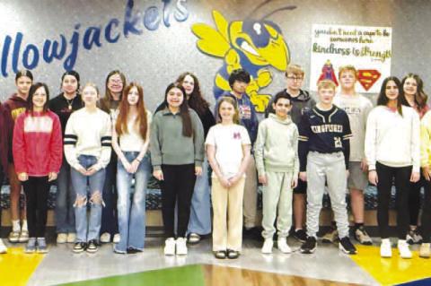 KINGFISHER JUNIOR High choir members who earned the Outstanding Achievement Award at the OSSAA district competition include, from left: front row, Jacqueline Muniz, Valeria Rodriguez, Harmony Townsend, Elina Creps, Scarlett Hackman, Eva Franco, Shelby Bar