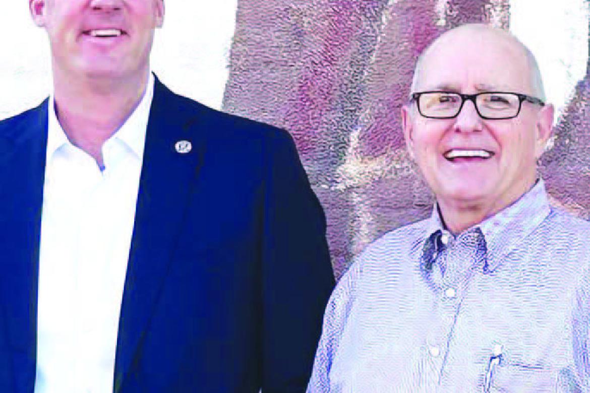 GOVERNOR KEVIN STITT toured Kingfisher High School last Friday, then paid a visit to the Kingfisher Times &amp; Free Press office for a sit-down discussion with Publisher Barry Reid, right. [KT&amp;FP Staff Photo]