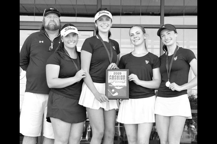 KHS GIRLS golfers won their first tournament of the season. Pictured with coach Brian Archer (far left) are, from left, Addison Johnson, Layla Kroener, Callie Blair and Ryan Scammahorn. [Photo provided]