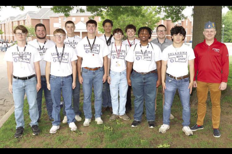 KINGFISHER’S CONTINGENT of Oklahoma Boys State delegates totaled 10 in 2025. Pictured with Director Corey Brooks (far right) and Band Director Dawson Leffingwell (third from right and also from Kingfisher) are, from left: Cooper Young, Josh Finley, Jere