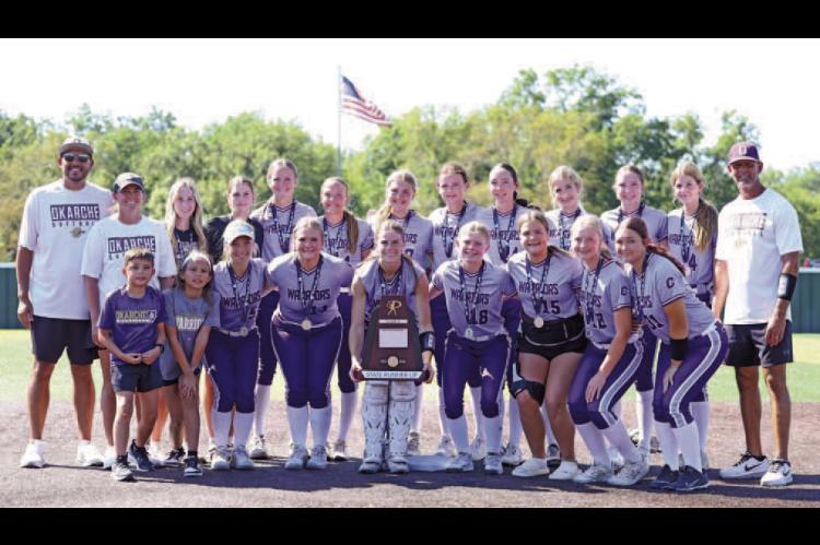 OKARCHE SOFTBALL now has its own hardware to add to the school’s illustrious trophy case. The Lady Warriors reached the championship game of the Class A state tournament last weekend. The eighth-ranked team knocked off No. 2 Caddo in the quarterfinals and No. 7 Wister in the semifinals before falling to top-ranked defending champ Arapaho-Butler in the title game. For more on Okarche’s historic run, see Page 2. [KT&amp;FP Staff Photo]