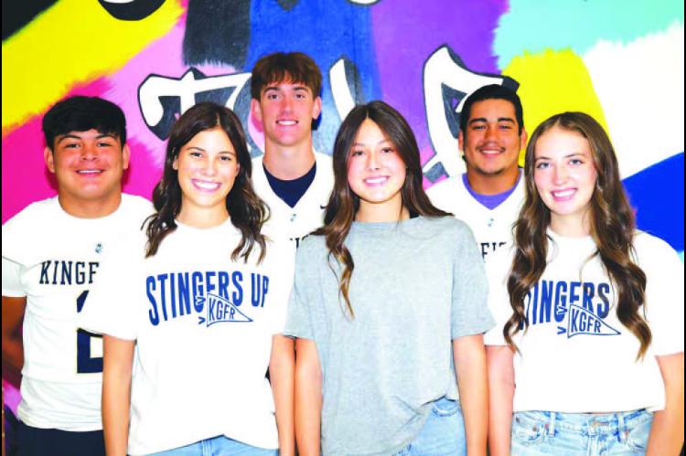 HOMECOMING COURT – Kingfi sher High School will crown its 2024 homecoming captain and queen next week. Queen candidates pictured on the front row are, from left, Mia Hartman, Talor Mecklenburg and Kamryn Purintun. Captain candidates on the back row are senior football players, from left, Jairo Velarde, Paytun Burnham and Jose Santoyo. [Photo by KHS Photography]
