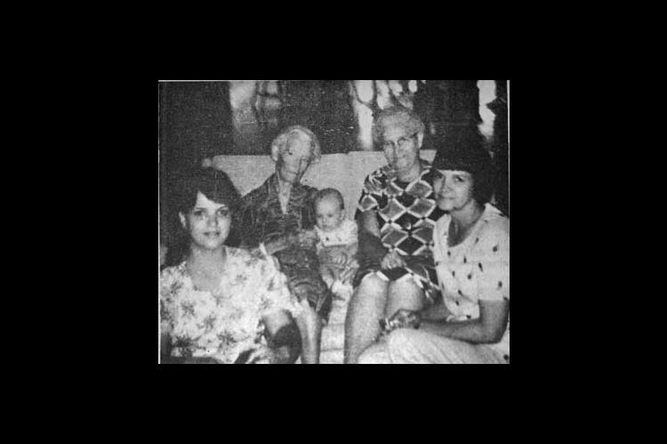 FIVE GENERATIONS were together recently with the oldest being Mrs. Grace Garrish, 88, of Patoka, Ill., and the youngest, Judd Benjamin Fisher, five months old, of Kingfisher. Shown left to right, are Mrs. Gregory Fisher of Kingfisher, Mrs. Garrish, Judd, Mrs. Luke Kannady of Kingfisher and Mrs. Roy Tholman of Patoka.