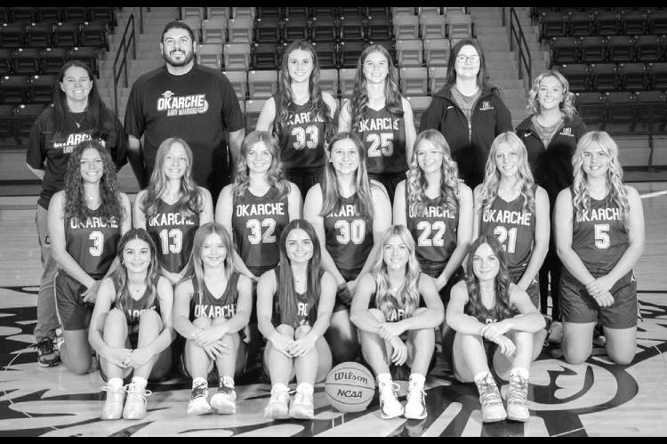 LADY WARRIORS – Members of the 2024-25 Okarche High School girls basketball team include, from left: front row, Kennedy Blackwood, Emory West, Kate Baustert, Scout Payne, Katy Creswell; middle row, Harper White, Katie Parham, Logan White, Abbie Endres, 