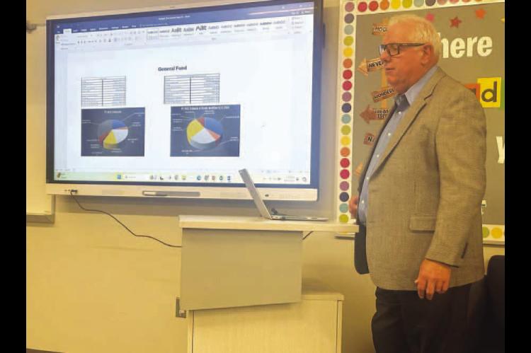KINGFISHER SUPERINTENDENT Andy Evans goes over some past and current budget figures with board of education members at a recent meeting. [KT&FP Staff Photo]