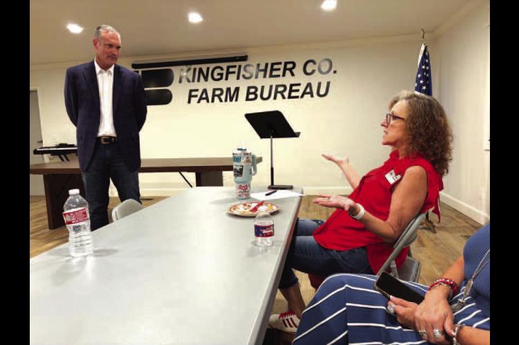 Former state Speaker of the House Charles McCall (left) was a guest Monday of the Kingfisher County Republican Women. The group is hosting several candidates during a series of meetings that began last month and extends through November. McCall, who is li