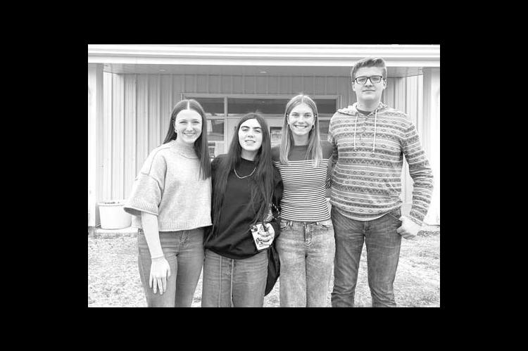 CASHION FFA team members pictured above at the Tipton Animal Science Quiz Bowl are, from left, Maggie Carroll, Mikaela Yandell, Molly Mayes and Nolin Farrar. Pictured below at the Lone Grove Speech Contest are, from left, Cash Nye, Jaxton Bailey-Casey, Maggie Carroll, Grace LaBlue and Cora Acord. [Photos provided by Molly Mayes/Cashion FFA Reporter]